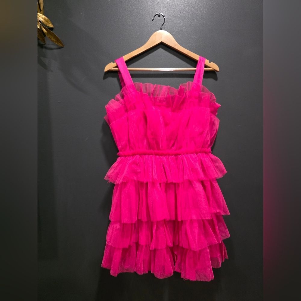 Storia Vibrant Hot Pink Tulle Tiered Ruffle Dress Sz M